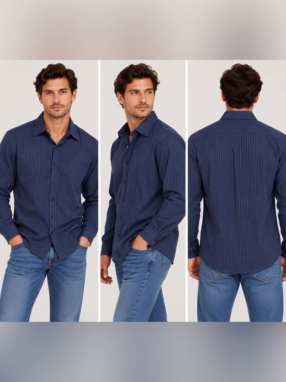 BCBG Men’s Casual Shirt sz L 16.5-34/35 Blue Striped #F398